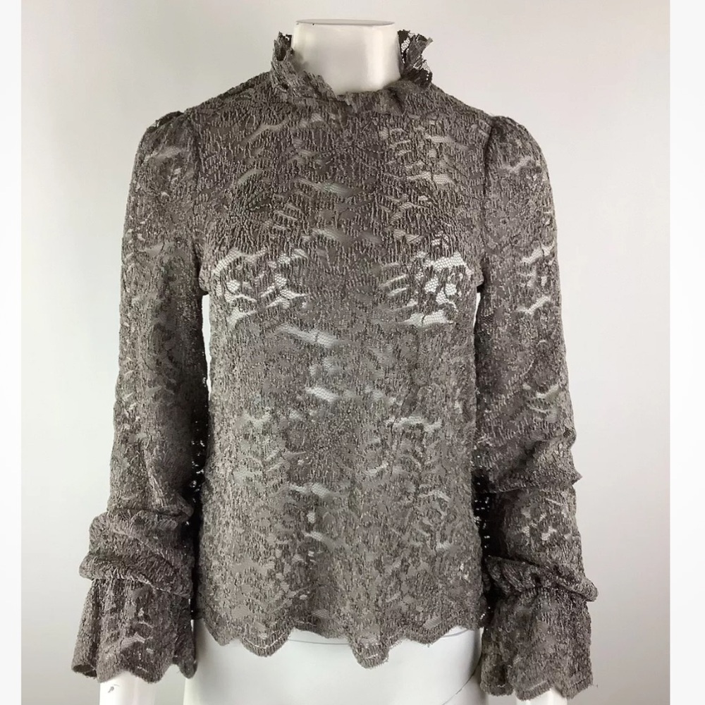 Anthropologie Sz S All Over Lace Top Brown Ruffle Cuff Ruffle Neck Sheer
